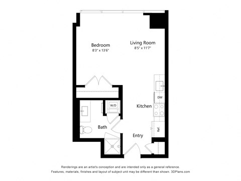 Floor plan for studio, 1 bath, 478 sqft